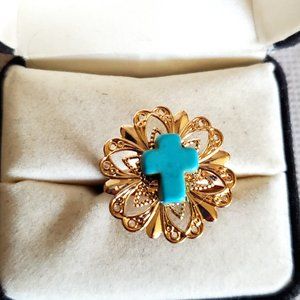 Adjustable Gold Tone Floral Turquoise Cross Ring